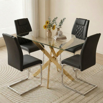 Ensemble de salle à manger rectangulaire en verre 36 po avec 4 chaises en porte-à-faux en faux cuir