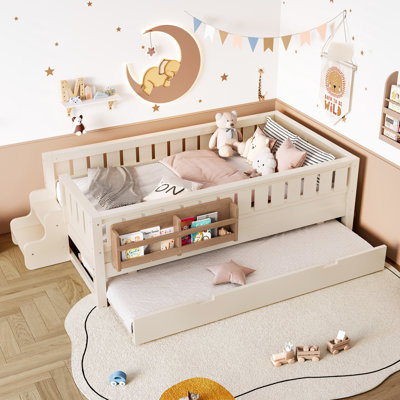 Lit simple avec bibliothèque intégrée, petit escalier, lit gigogne et finition beige pour la bibliothèque de chevet Comfort Time