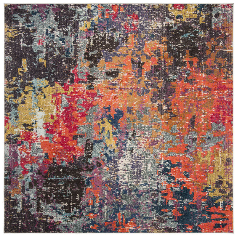 Tapis abstrait bleu / orange Hertzler, Carré 6 pi 7 po
