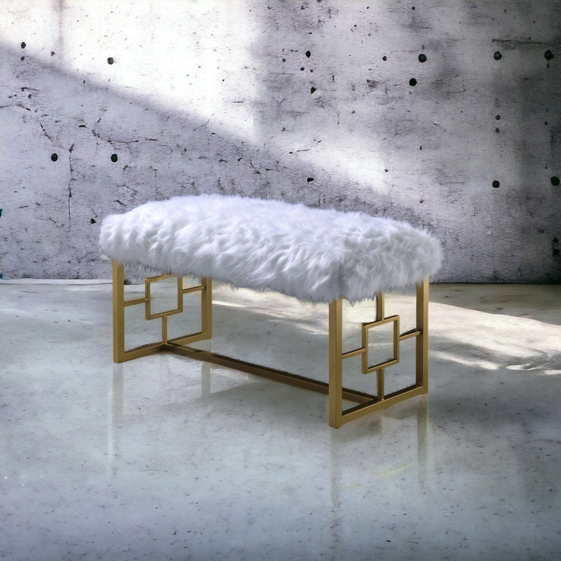 White Faux Fur & Gold Finish Bench