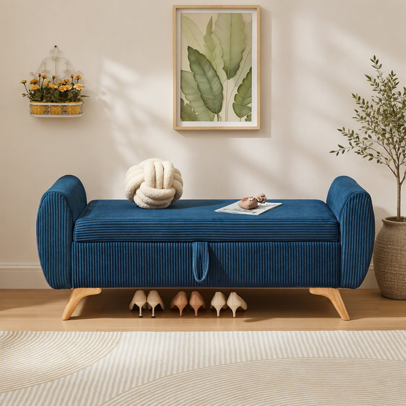 Banc de lit moderne en velours côtelé avec rangement dissimulé et pieds en bois massif, Bleu, Bleu