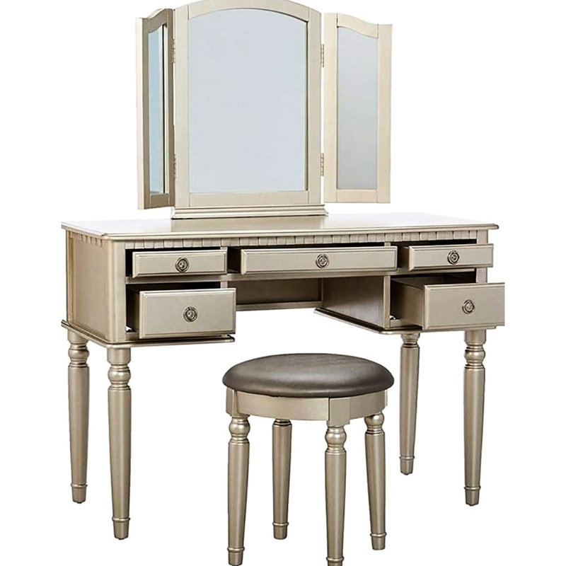 Meuble-lavabo moderne avec finition argentée, miroir pliable, tabouret, 5 tiroirs, tiroirs de rangement en placage de bouleau