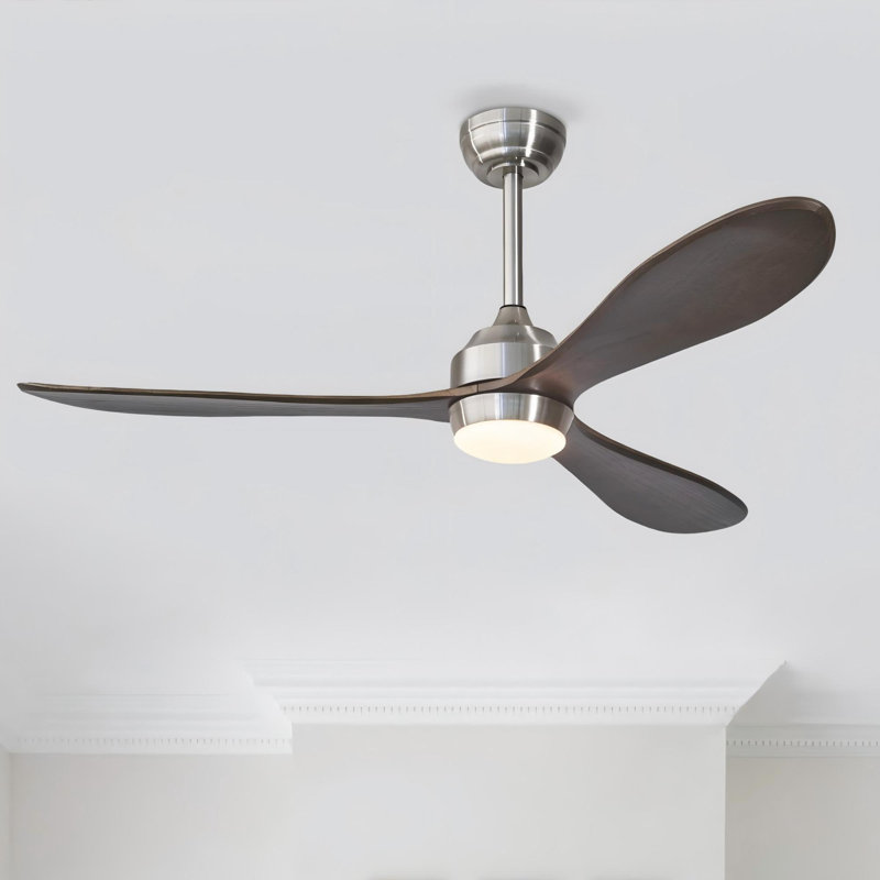 Ventilateur de plafond en bois massif 52 "avec lumière, télécommande et moteur à courant continu, Nickel, Gris