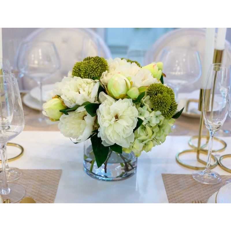 Pivoine blanche et tiges d'hortensia - Fleurs en soie de luxe pour la décoration intérieure