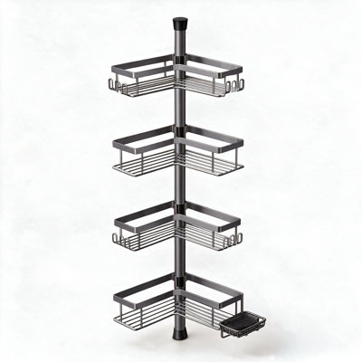 Étagère de douche d'angle à barre de tension réglable, panier de salle de bain à 4 niveaux en acier inoxydable, hauteur réglable de 121,1 cm à 314,3 cm, gris