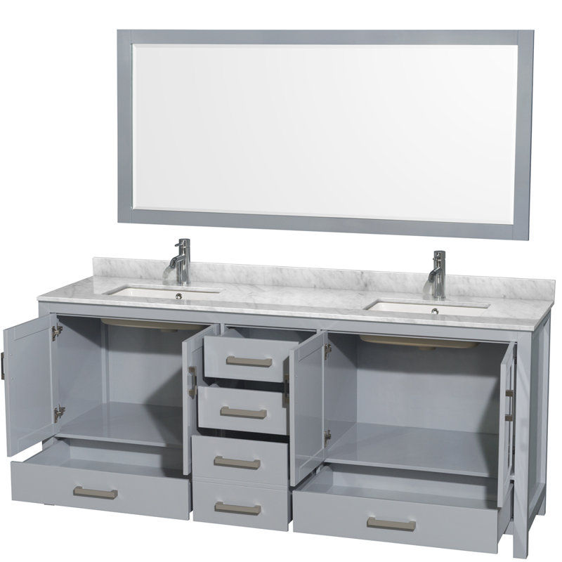 Meuble-lavabo double autoportant 80 po avec plateau en marbre Sheffield, Chrome brossé, Gris