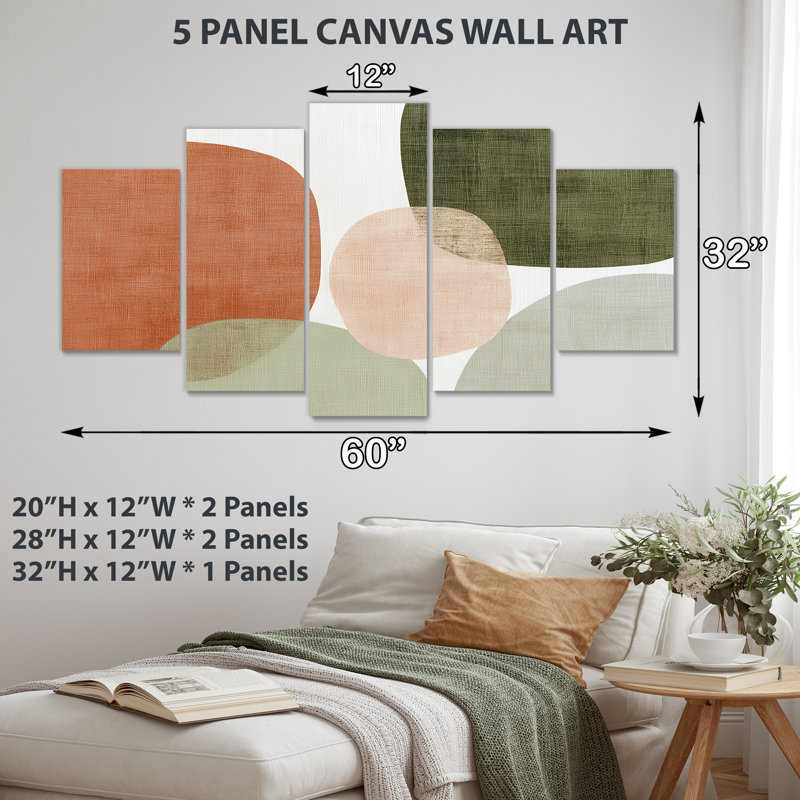 Minimalisme orange avec formes simples de vert - art mural minimaliste, impression sur toile minimaliste 5 panneaux