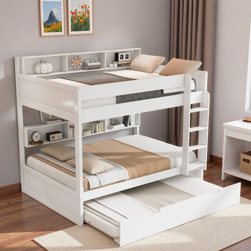 Lit superposé avec lit gigogne et rangement intégré, Lit superposé double sur double, Blanc