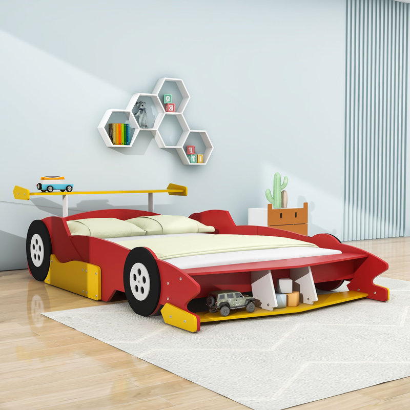 Race Car-Shaped Platform Bed with Shelves, Red, Full
