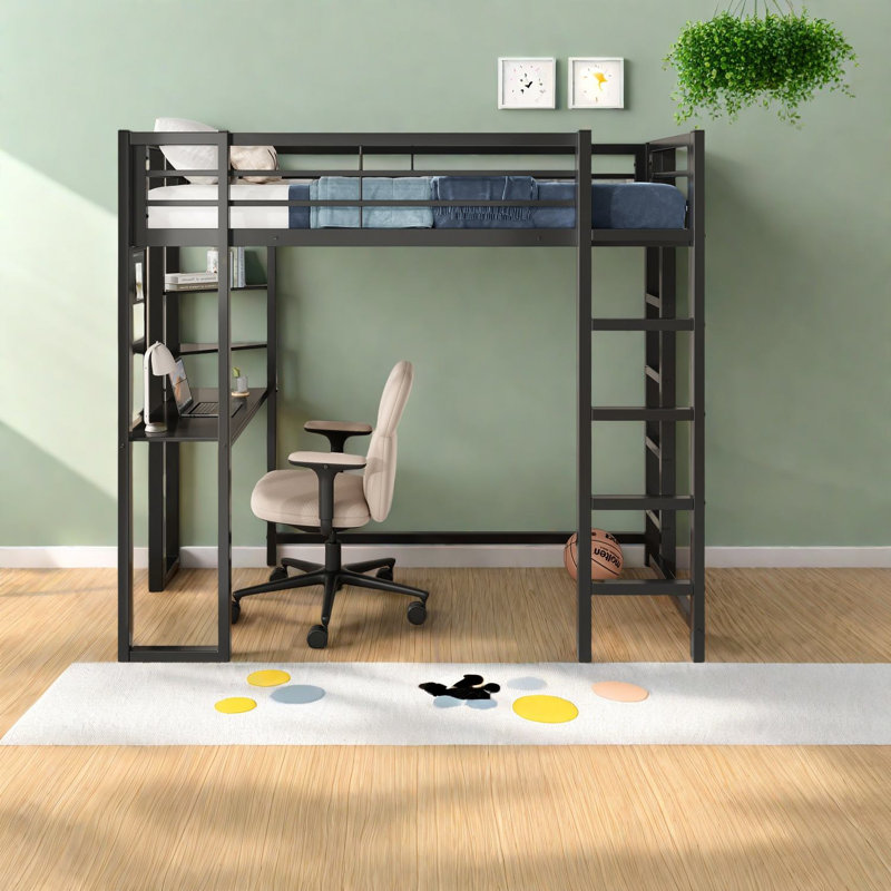 Lit mezzanine en métal peu encombrant, design moderne noir, avec bureau et rangement