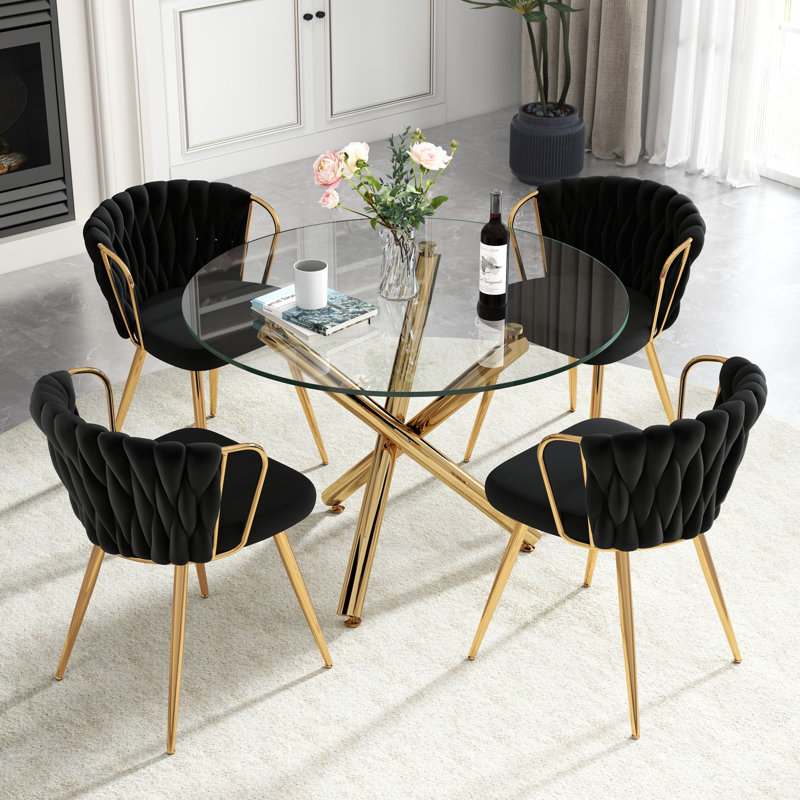 Ensemble de table de salle à manger Elegant, 5 pièces: table, 4 chaises, Noir, Doré