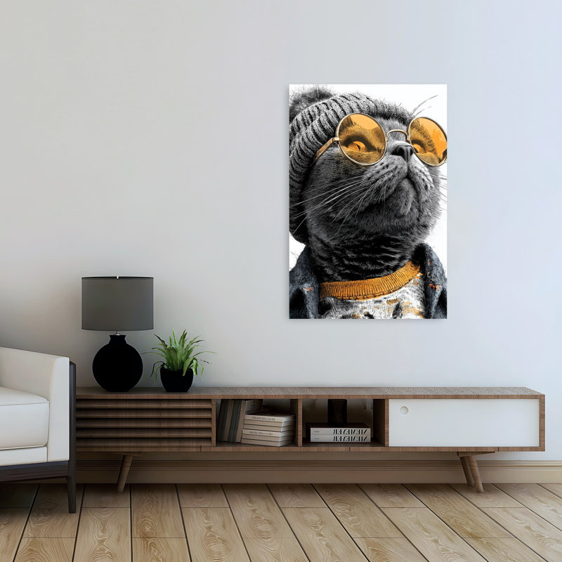 Chat rétro avec lunettes de soleil, art mural urbain rétro, H 48 po x l 32 po