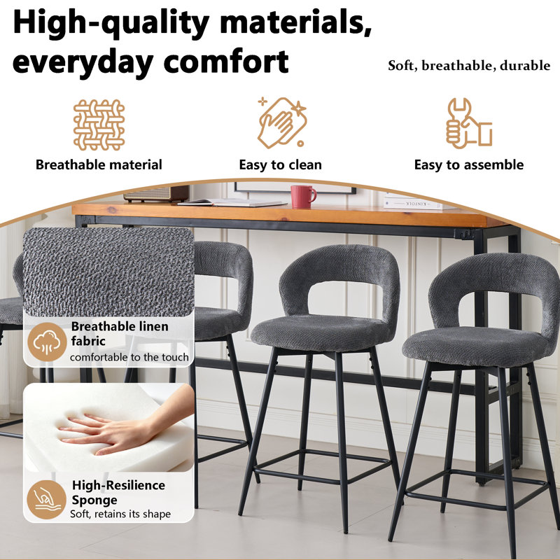 Swivel Upholstered Bar Stool with Iron Frame, Gray