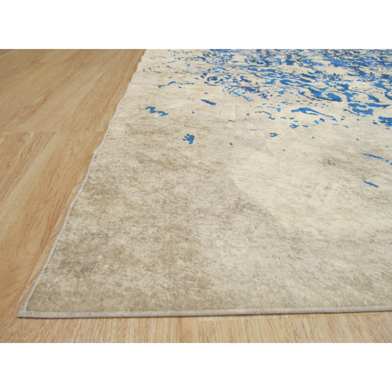 Tapis oriental bleu en polyester fabriqué à la machine Lecuyer, Rectangle 5 pi 11 po x 8 pi 10 po