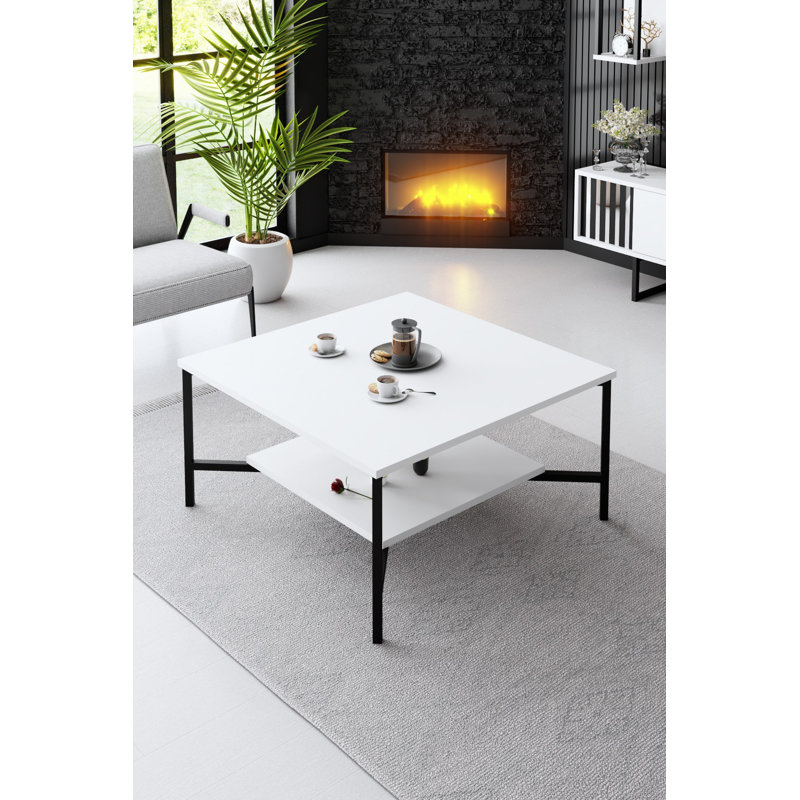 Ensemble de mobilier de salon moderne (3 pièces), blanc et noir | 100% panneau de particules enduit de mélamine, meuble télé (70,9 x 11,8 x 18,9 po), table basse (31,5 x 31,5 x 15,7 po), tablette murale (8,7 x 8,3 x 23,6 po) | Pieds en métal durables, design élégant et fonctionnel