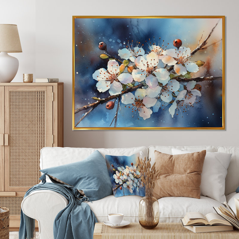 Pomme rond bleu et blanc artistique sur toile III, H 12 po x l 20 po x P 1 po, Cadre flottant doré