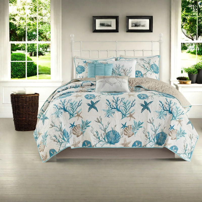 Ensemble de literie 6 pièces Coastal, satin de coton double grand lit, maison moderne