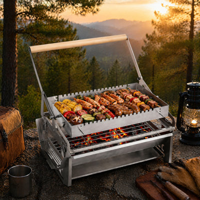 BBQ Charcoal Grill 360° Rotating Barbecue Grill, Stainless Steel Flipping Barbecue Grills Outdoor for Camping