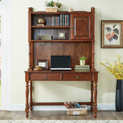Bureau traditionnel en bois massif avec huche, finition noyer rétro, bureau multi-rangement