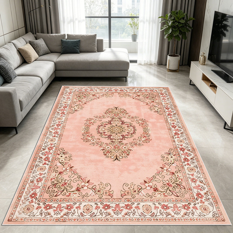 1PC Vintage Pink Floral Medallion Bohemian Traditional area rugs for Living Room, Soft, All seasons, Easy-maintain, Washable Indoor mat, Farmhouse suitable for for dining table, bedroom, home office...