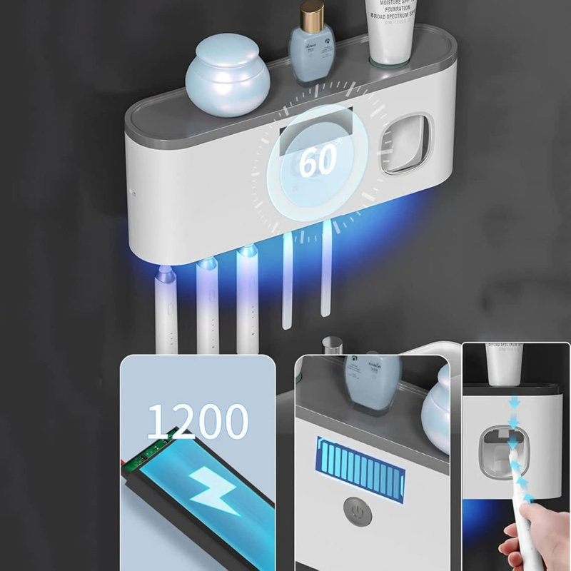 Porte-brosse à dents de salle de bain mural avec distributeur de dentifrice à charge solaire (gris)