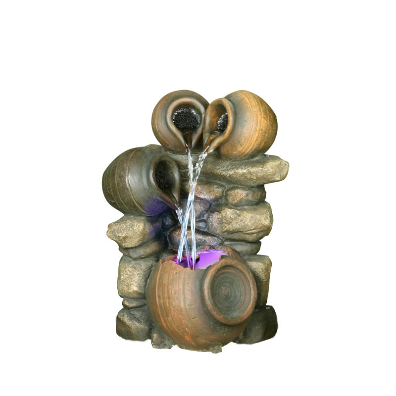 Rustic Brown Polyresin 3-Jug Water Fountain with LED Light