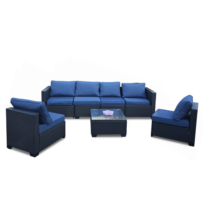 Ensemble de table 7 pièces avec fauteuil en rotin PE, Bleu