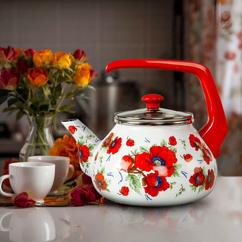 Bouilloire rétro 2,3 pintes Coquelicots de style campagnard traditionnel en émail
