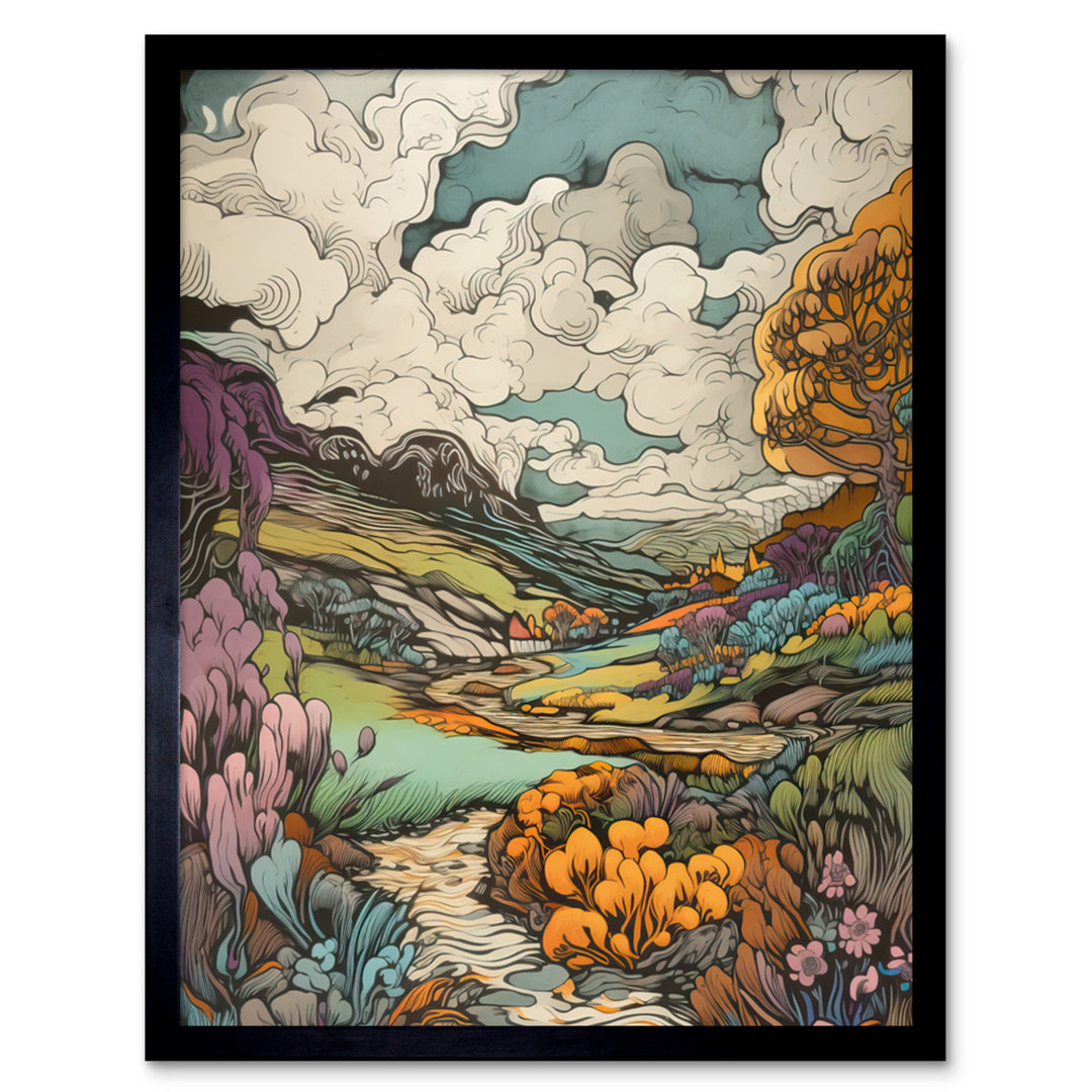Jazouli Meadow River Multicoloured Landscape - Single Picture Frame Print