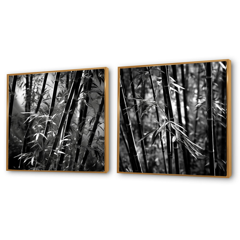 Forêt de bambou monochrome - ensemble de 2 collages carrés en bambou, Cadre flottant doré, H 30 po x l 61 po