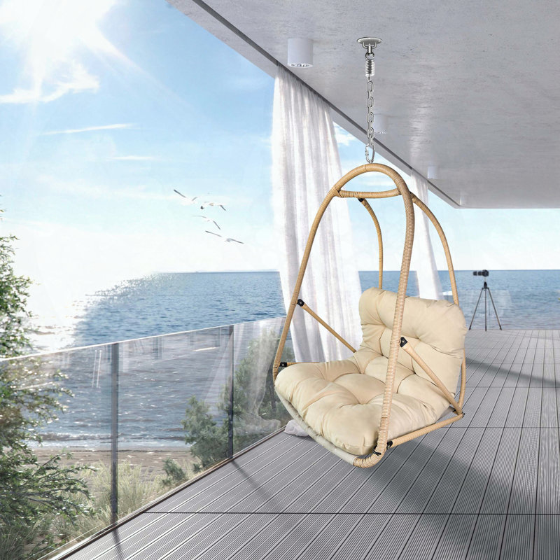 Indoor/Outdoor Wicker Rattan Hanging Egg Chair with C-Type Bracket, Cushion & Pillow, Folding, 350 lbs Capacity, Beige
