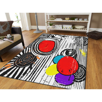 Élégant tapis tissé (3,1 x 4,6 pi), 100% polyester, à pois en feutre antidérapant | Tricot Raschel, hauteur de poils de 0,4 po | Lavable à la machine, impression numérique | Parfait pour le salon, la chambre à coucher et le bureau