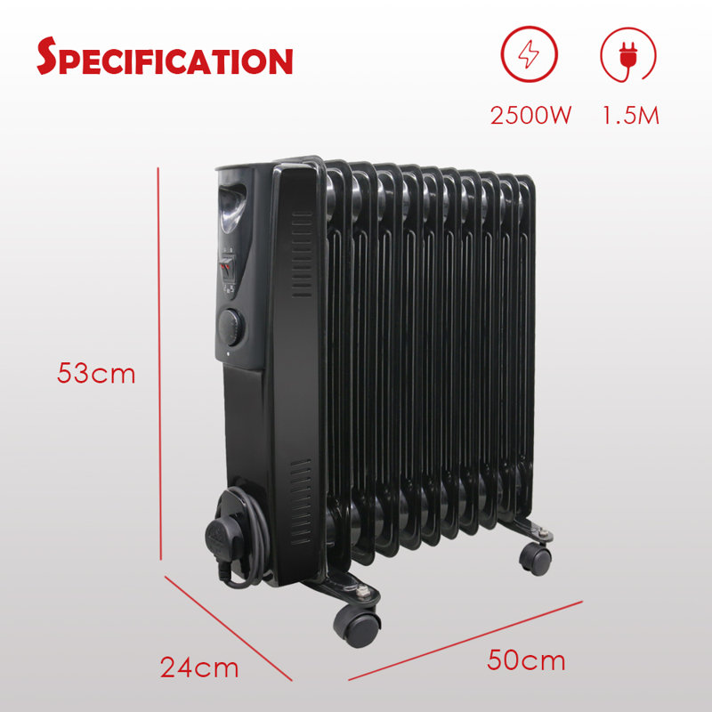 Ned 2500W 11 Fin Oil Filled Radiator Portable Electric Heater with Thermostat, Black