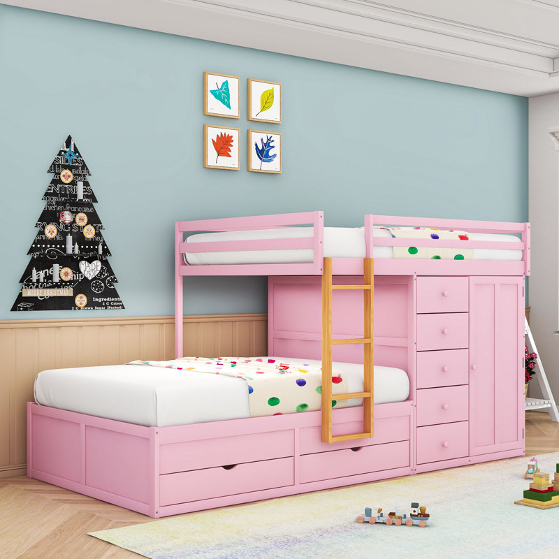 Lit superposé double avec tiroirs de rangement et garde-robe, Rose Sakura