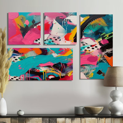 "Enigma" rose et turquoise abstraite II - art abstrait sur toile 4 pièces