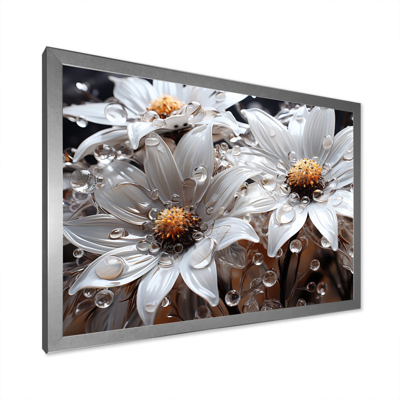 Tournesols blancs transparents à luminescence sur toile, Cadre photo argenté, H 30 po x l 40 po x P 1,5 po