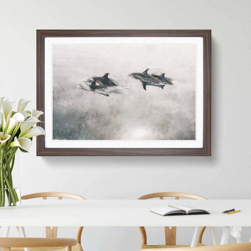 Swimming Dolphins - Picture Frame Painting, Walnut Framed, 27cm H x 36cm W x 2cm D