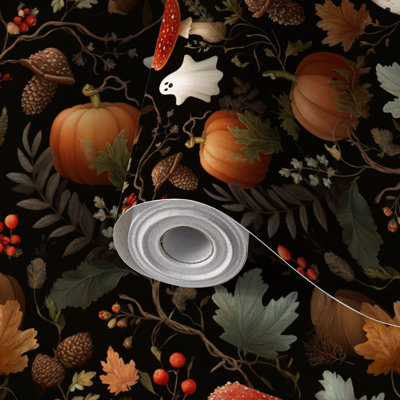 Papier peint auto-adhésif Peel and Stick Cozy Fall Woodland Pumpkins Ghost - auto-adhésif et amovible 24 po x 118 po (60 x 300 cm)