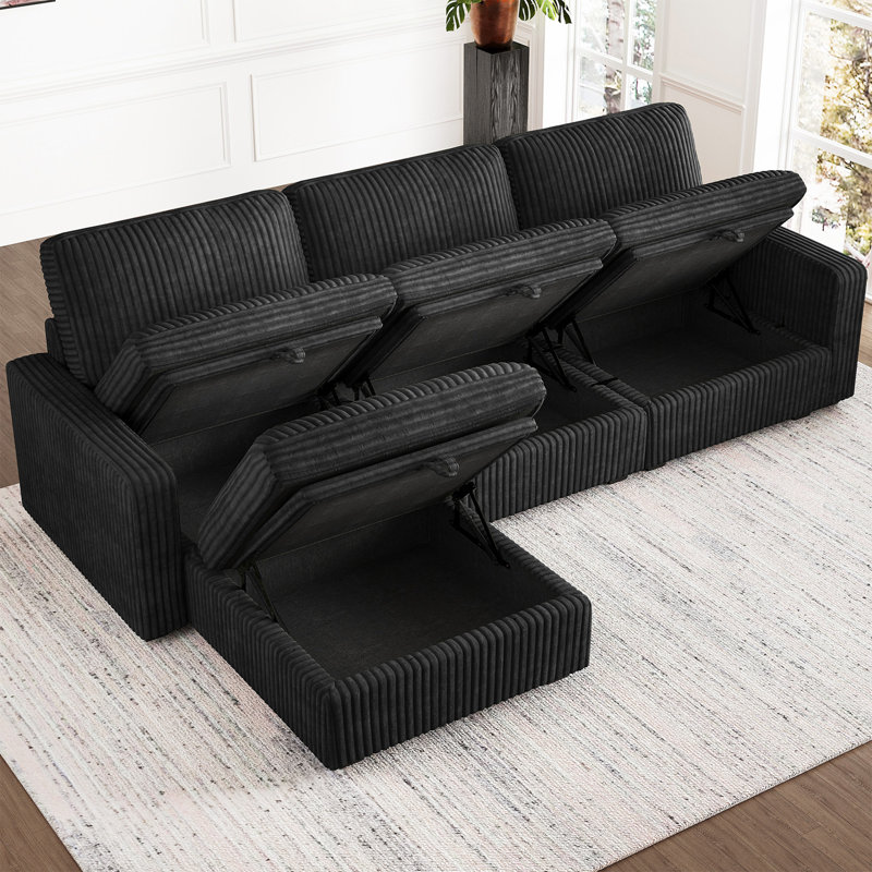 Canapé de rangement en forme de L à 3 sièges Hymes, Velours côtelé noir moelleux