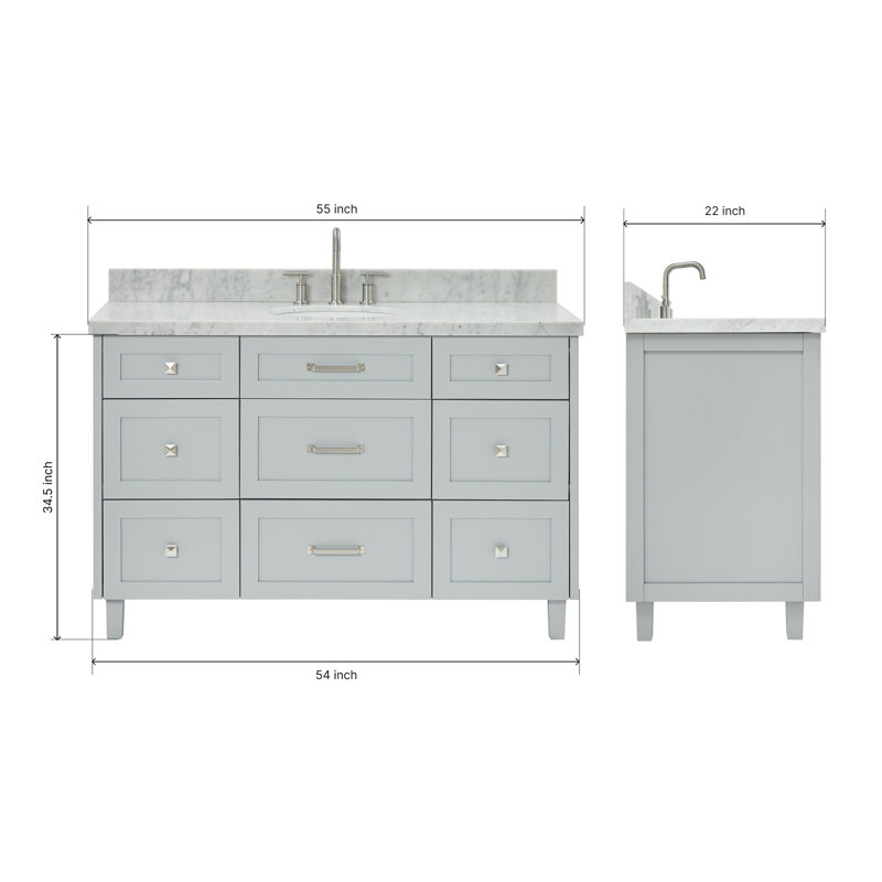 ARIEL Monroe 54 Single Sink Bathroom Vanity with Carrara Quartz Top, White, 54" - 55", Carrara White Quartz
