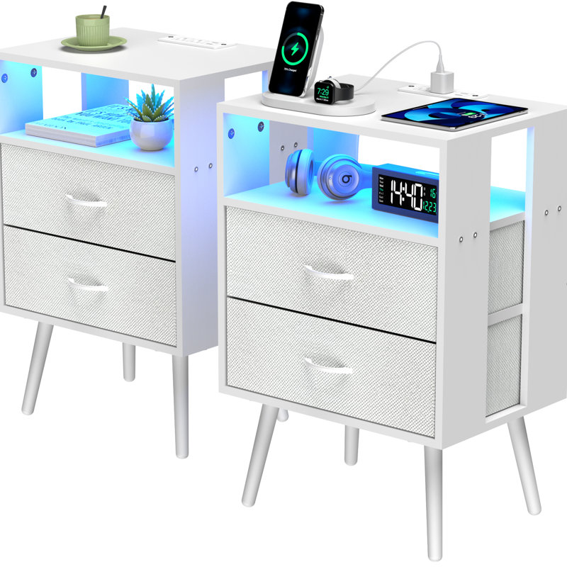 Ensemble de 2 tables de chevet blanches modernes avec station de charge et éclairage à DEL, tiroirs en tissu, panneau de particules enduit pour tables non tissées à fonctionnalité longue durée, chaleur rayée