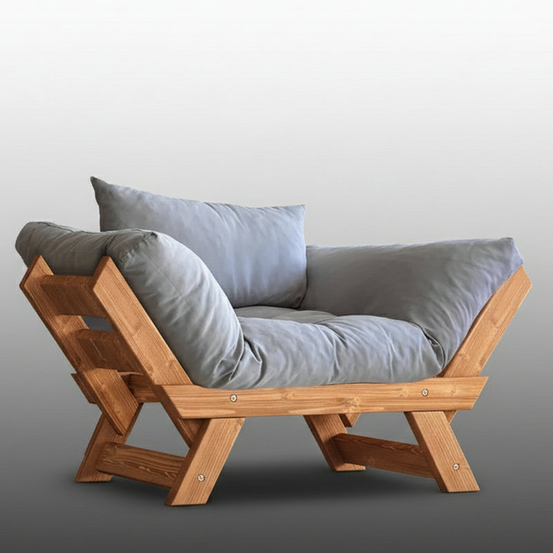 Canapé convertible d'extérieur en bois de pin 1 place avec coussins en lin imperméables, Gris, Teck