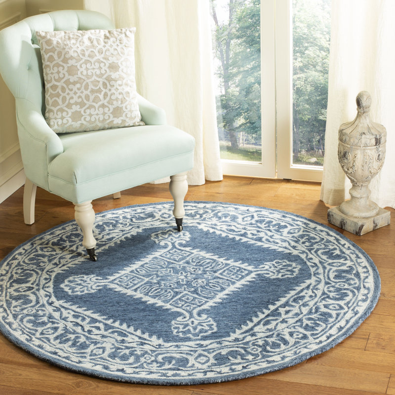Tapis ivoire / bleu en laine / coton touffeté à la main Salerna, Rond 5 pi