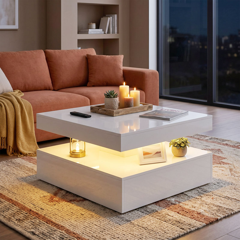 LED Coffee Table with Storage, Modern Centre Table, High Gloss Black, White