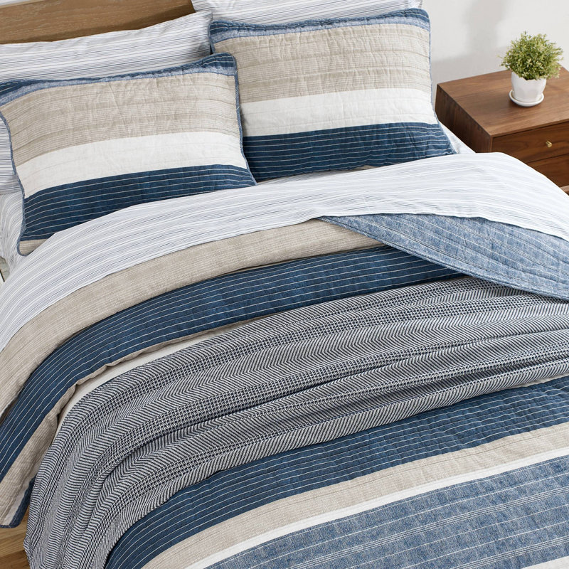 Raeford Nautica Ridgeport Cotton Reversible Quilt Set, Full/Queen Quilt + 2 Standard Shams, Denim Blue Striped