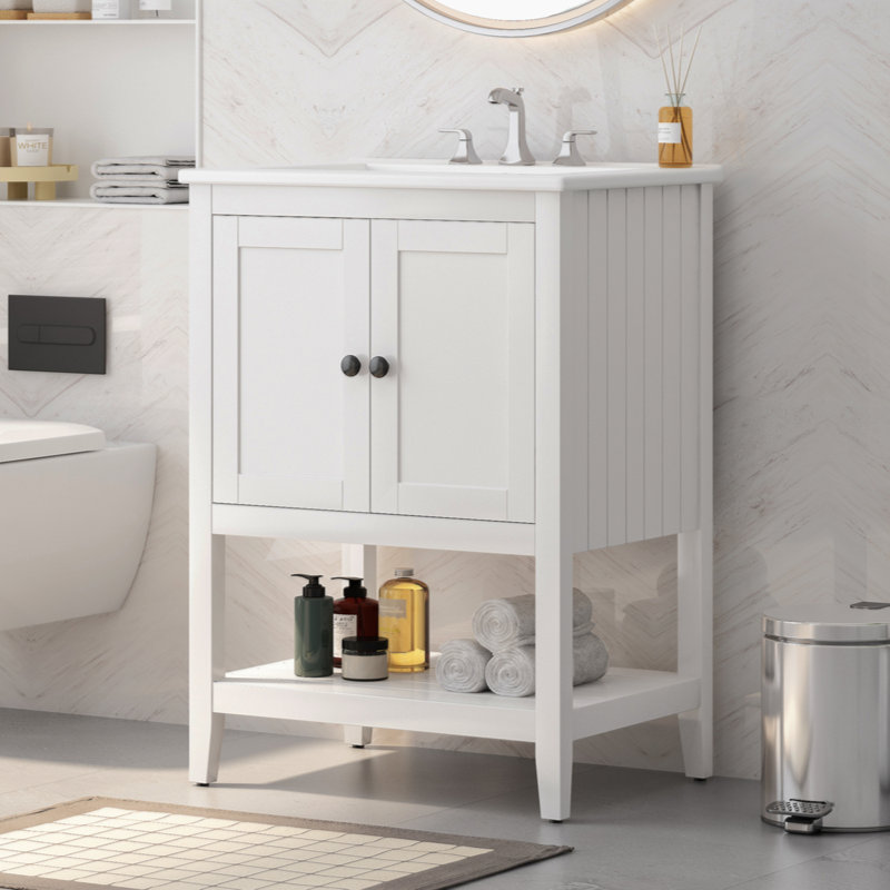 Lavabo de salle de bain élégant en céramique 24 po avec tablette ouverte en bois massif