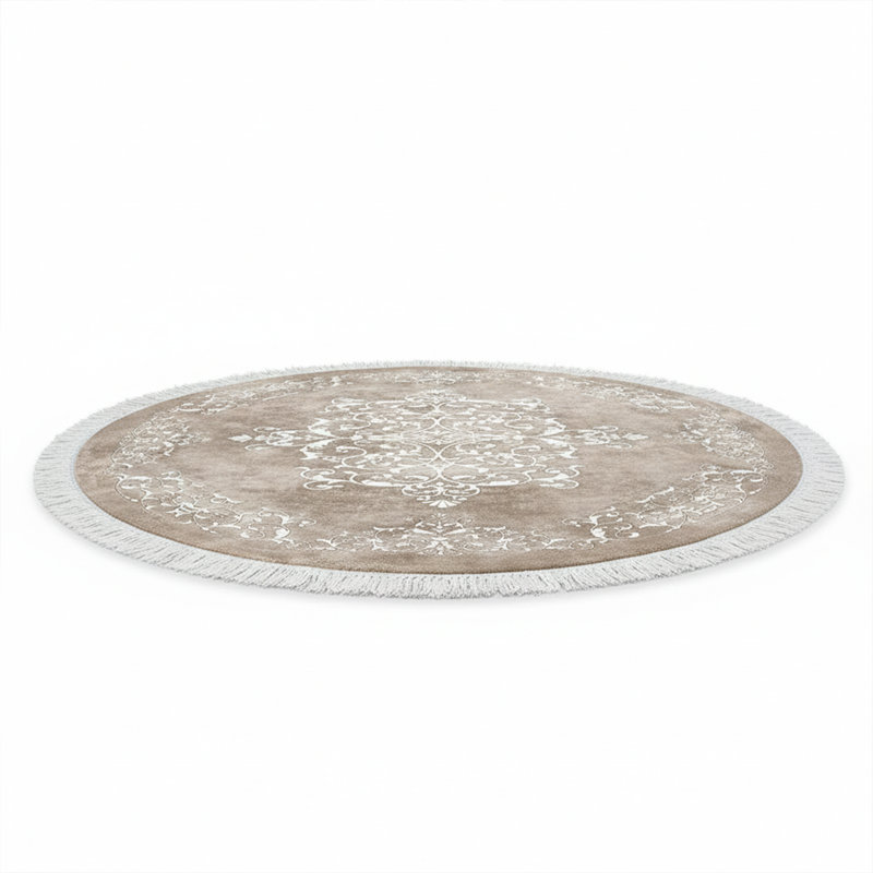 Round Beige Oriental Medallion Area Rug With Fringe
