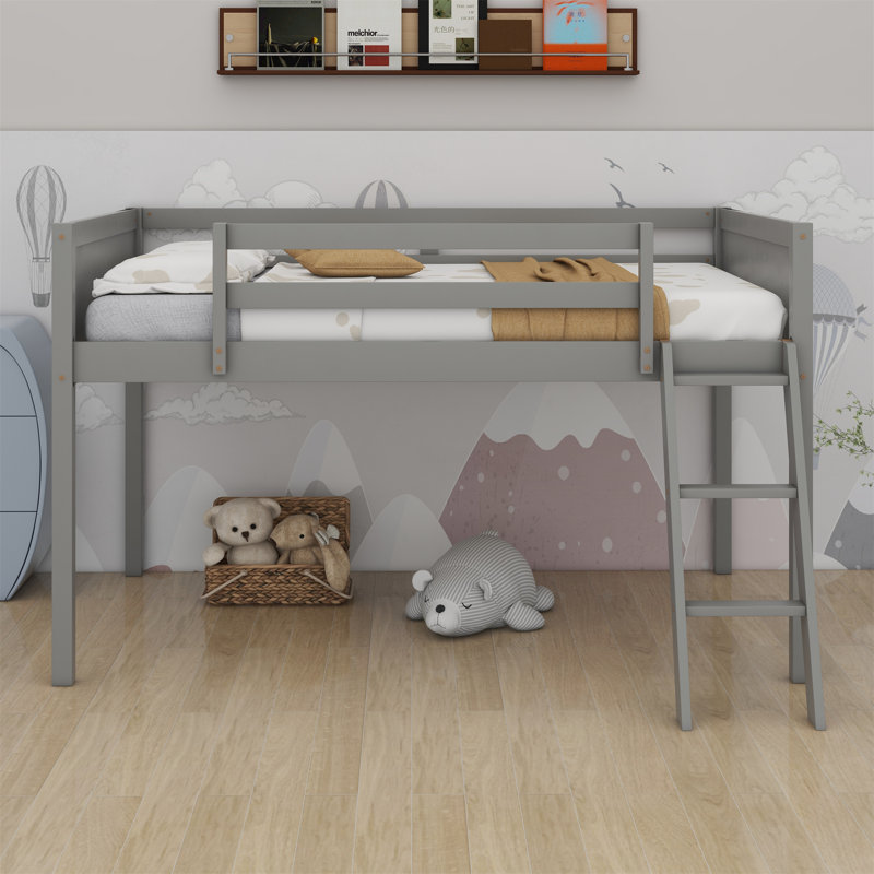 Lit mezzanine bas en bois avec échelle, Gris