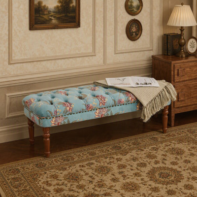 Tufted Floral Bench with Turned Wood Legs, Upholstered Ottoman
