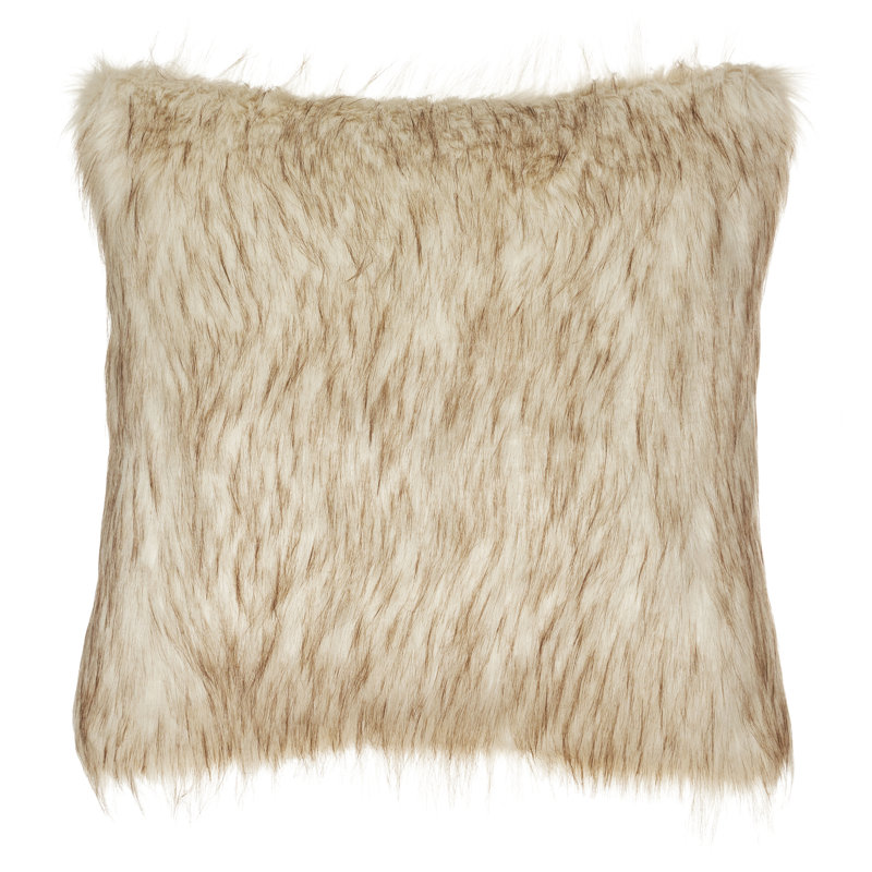 Embroidered Beige and Brown Square Throw Pillow with Faux Fur Trim